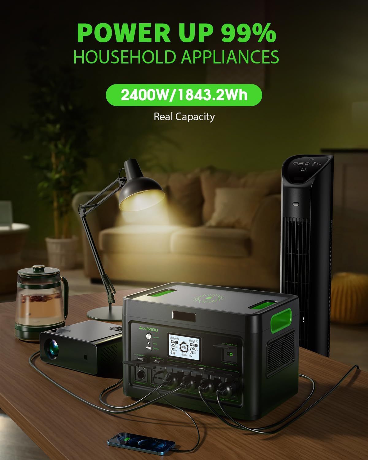 2400W Portable Power Station 1843Wh Solar Generator LiFePO4 Battery Power Bank Station PD100W USB-C & 4 AC Outlets for RV Camping Home Emergency UPS Backup