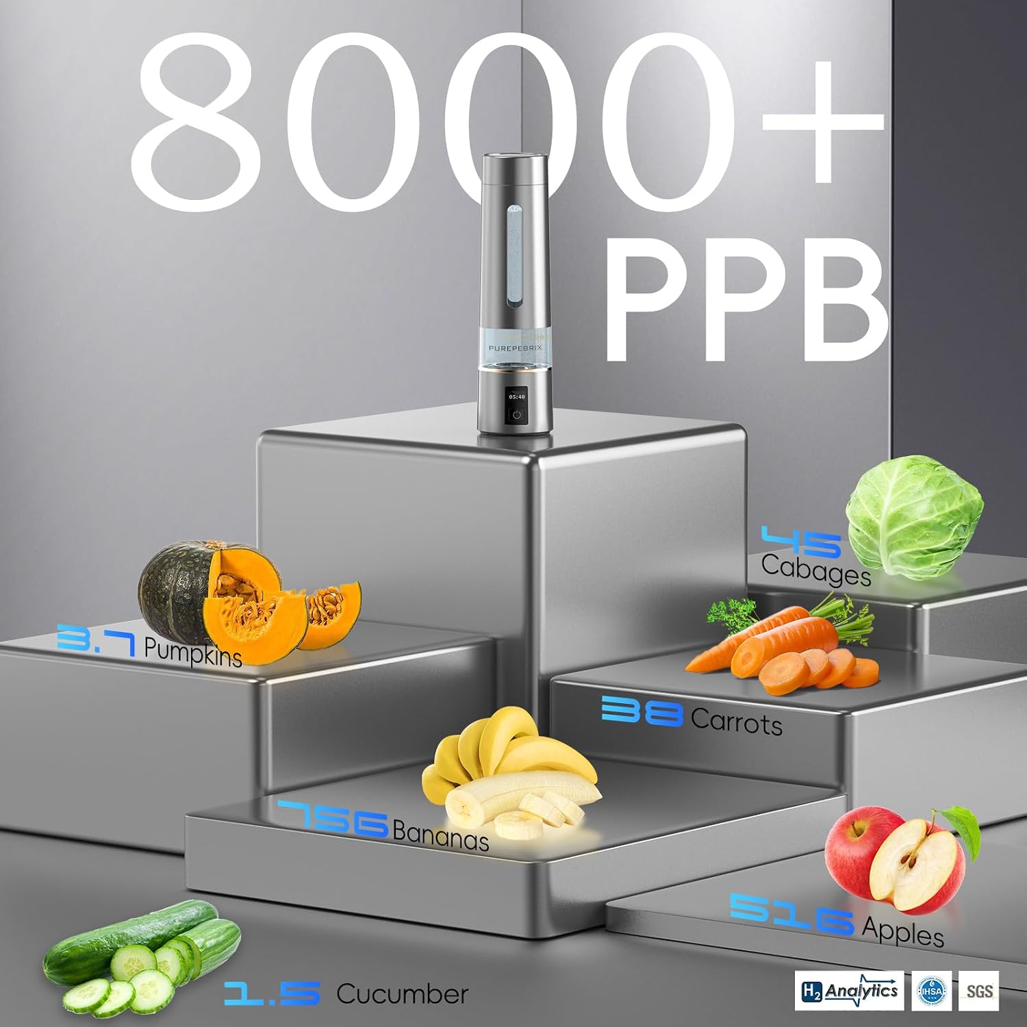 PUREPEBRIX Hydrogen Water Bottle Generator-Up to 8100 PPB Molecular Hydrogen, 12-Hour Hydrogen Retention, IHSA Certified SPE/PEM Tech, Portable Hydrogen Bottle, Healthy Gift (Platinum)