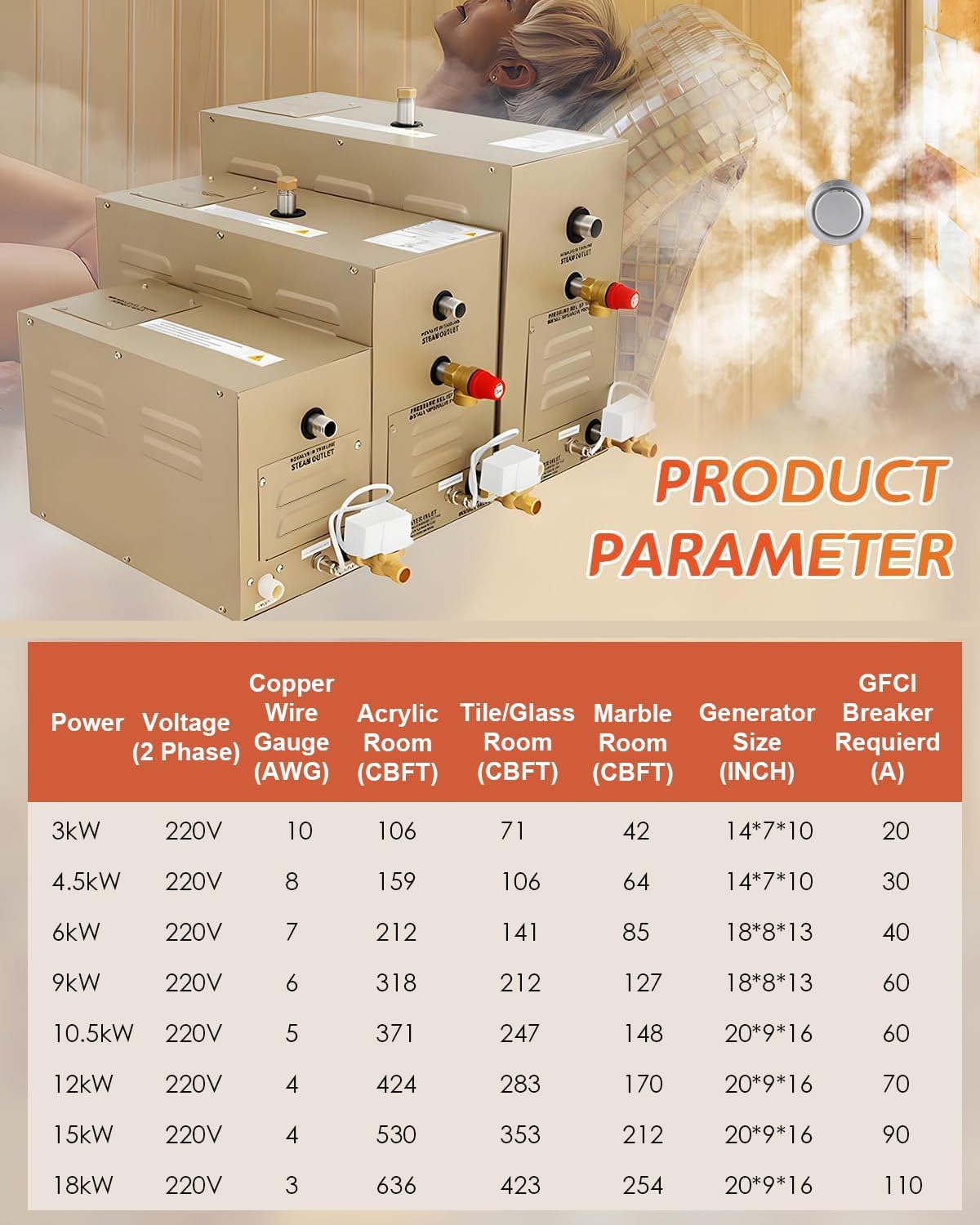 Steam Shower Generator Kit 9KW for Bath Sauna SPA, Aromatherapy Steam Head, Self-draining System, LED Touchscreen Controller, 12-Hour Timer 77-131℉ for 318CBFT/9m³ Room
