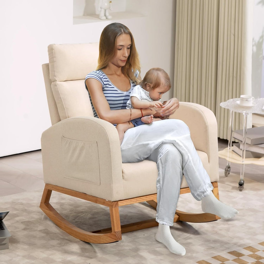 GarveeHome Nursery Glider Chair Rocking Chair, Upholstered Nursery with Rubber Wood Legs, Comfy High Backrest, Side Pockets, Accent Rocker Armchair for Living Room, 27.6' D x 33.9' W x 41.1' H, White