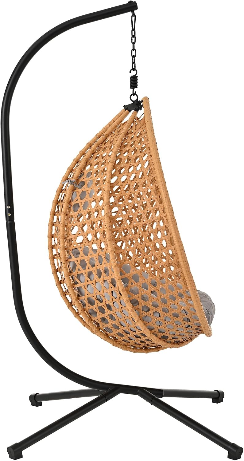 Durable Hanging Egg Chair with Rattan Weaving, Hammock Chair with Stand, Comfortable Indoor Outdoor Swing Chairs with Soft Removable Cushion,Suitable for Balcony, Bedroom,or Garden, Brown+Grey