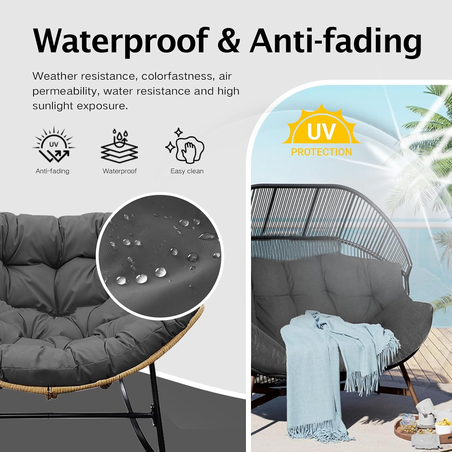 Thickened Waterproof Papasan Rocking Chair Cushion – 6.3'' Patio Egg Chair Pad with Ties, Outdoor/Indoor Rattan Hammock Chair Cushion for Porch, Garden, Balcony (Only Cushion) (Dark Grey)