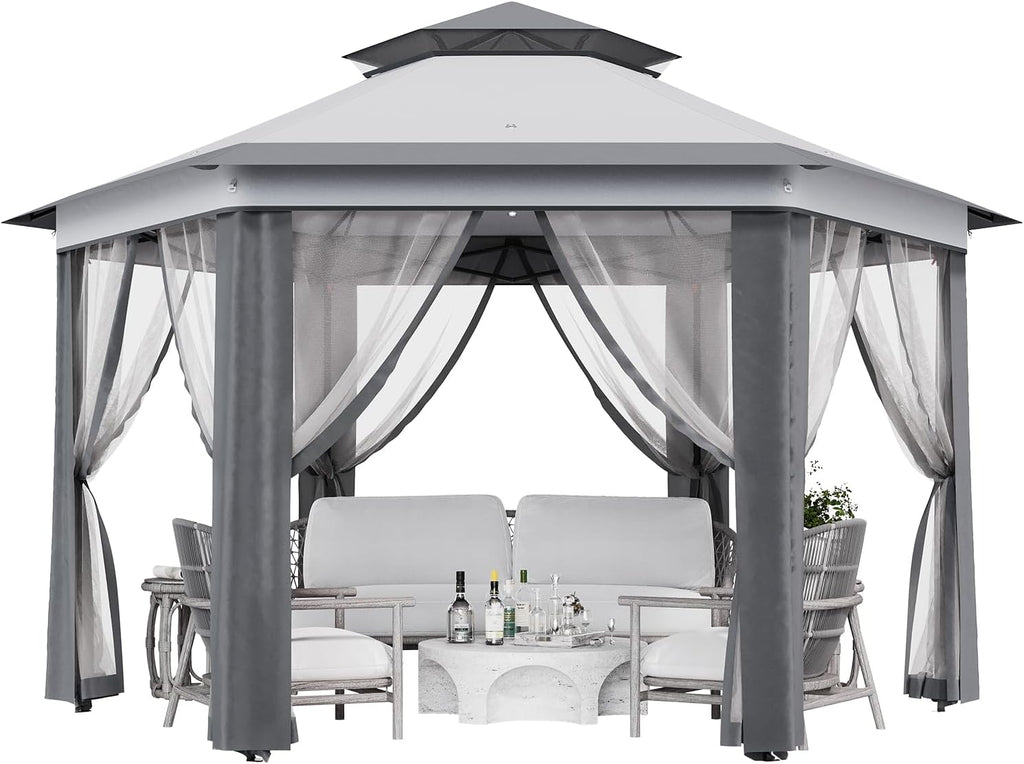 13' x 13' Pop-Up Gazebo Canopy Tent with Zippered Mesh Sidewalls and Carrying Bag, Event Tent Shelter for Patio Garden Backyard, Dark Grey and Light Grey