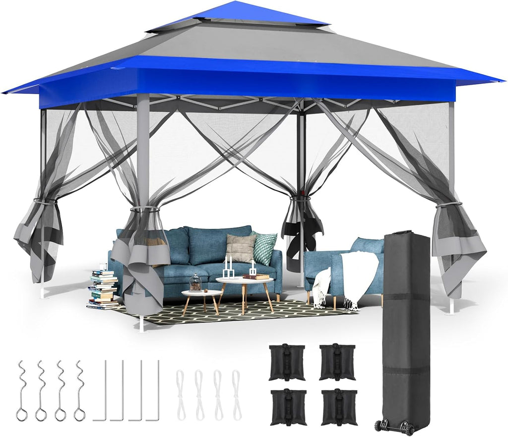 MAMIZO 13ft Pop Up Gazebo, Outdoor Instant Canopy Tent w/4 Netting Sidewall & Auto Extending Eave, Patio Gazebos Shelter w/Mesh Wall, Center Lock, Wheeled Bag for Garden, Yard (Blue, 13X13FT)