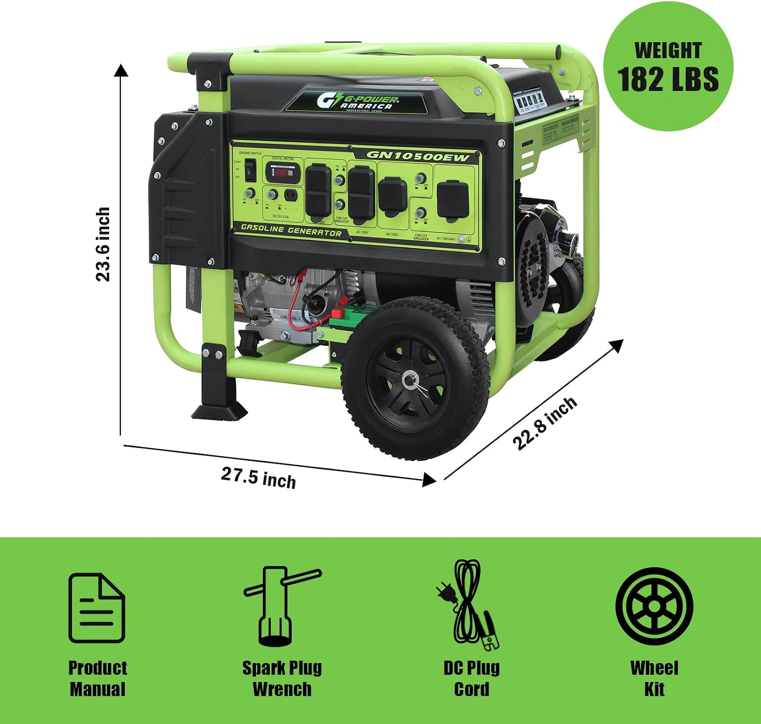 Green-Power America 10500 Watt Gasoline Powered Generator, Electric & Recoil Start, 120V/240V, 12V/8.3A Outlet, Whole House Backup, RV & Job Site Ready, EPA Approved