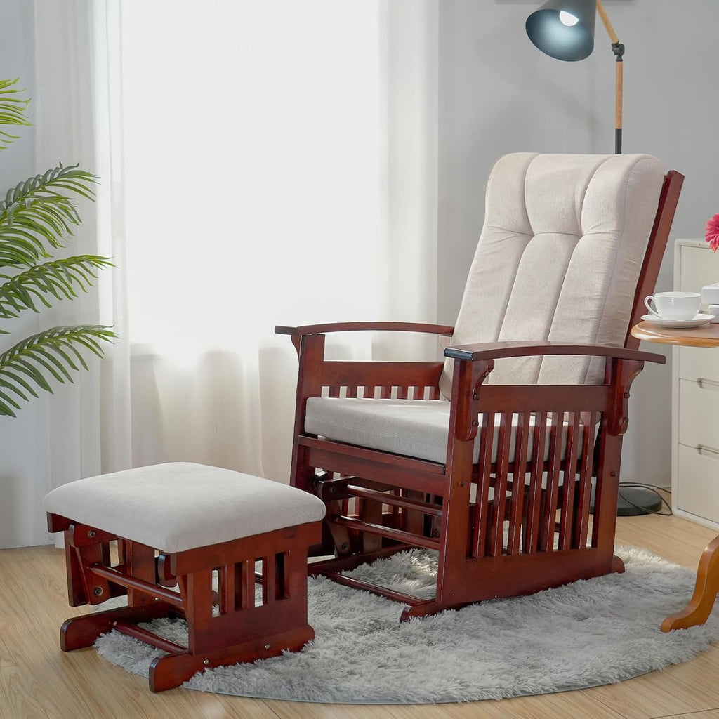 Solid Wood Glider Rocking Chair and Ottoman Set, Rustic Nursery Glider Rocker with Padded Cushion, Smooth Rocking Motion Indoor Living Room Nursing,Napping,Reading, Cream