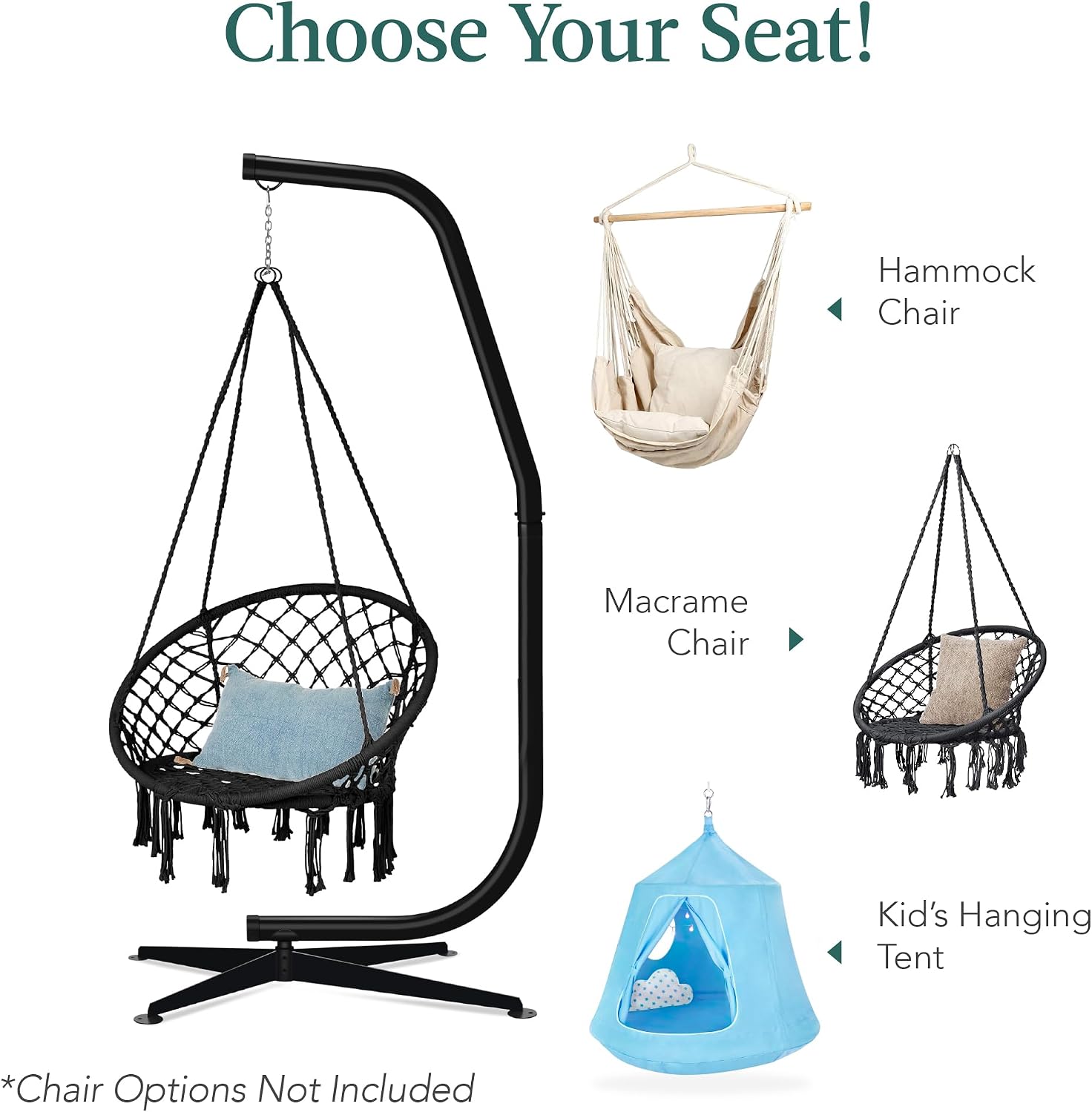 Best Choice Products Metal Hanging Hammock C-Stand for Chair/Weather-Resistant Finish, Offset Base - Stand Only - Black