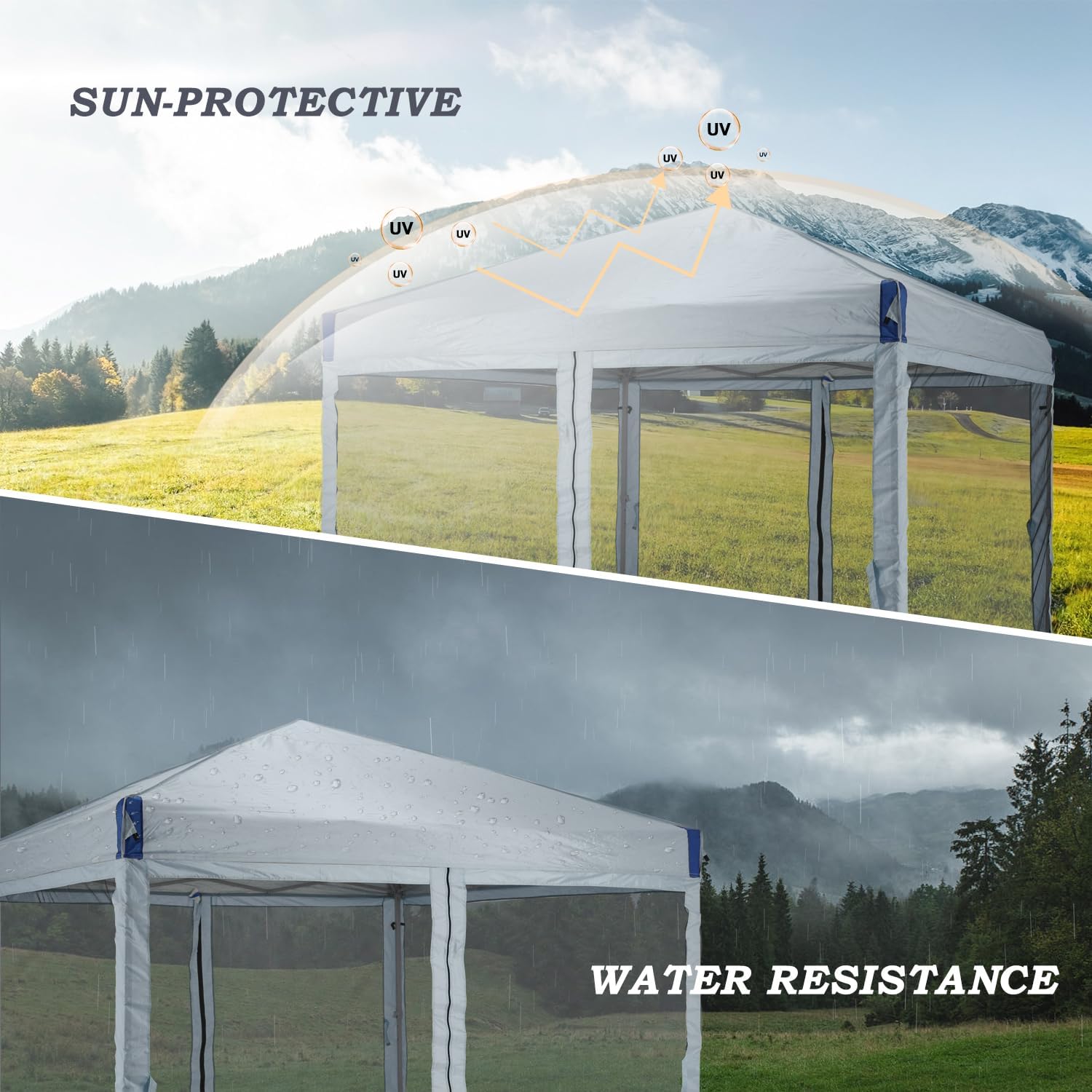 Aoodor 12x12 Ft Pop Up Canopy Tent with Netting, Water-Resistant 210D Oxford Fabric Shade, Easy Assembly Commercial Gazebo with Wheeled Carry Bag & 4 Sand Bags for Camping, Party, Gray