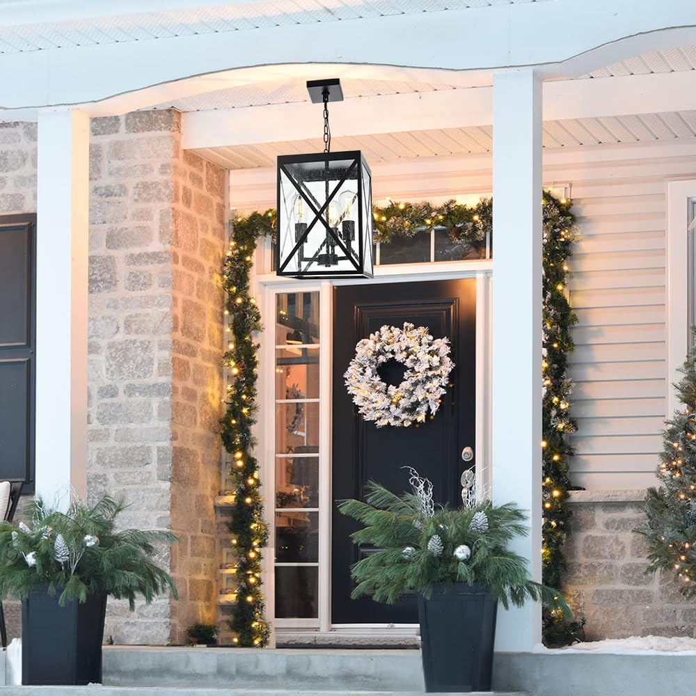TODOLUZ Large Outdoor Pendant Light, Black Exterior Ceiling Porch Light with Seeded Glass Panel, Outdoor Chandelier Hanging Lantern for Garage Entryway Patio Front Door