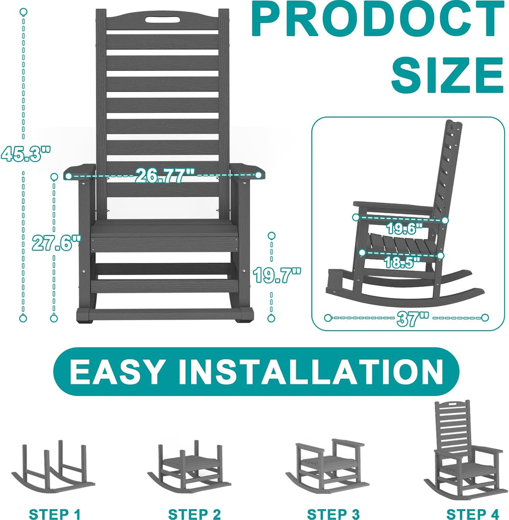 PLUUV Outdoor Rocking Chair Set of 2 with Removable Footboard for Adults, HDPE High Back Patio Rocking Chairs, 330lbs All Weather Porch Rocking Chairs for Outdoor & Indoor -Grey