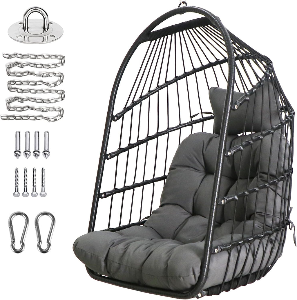 Chihee Egg Chair Foldable Wicker Rattan Hanging Swing Chairs Indoor Outdoor Patio Wicker Chair Hammock Chair with Stainless Steel Hanging Kit Chain Link UV Resistant Cushion Bedroom Balcony