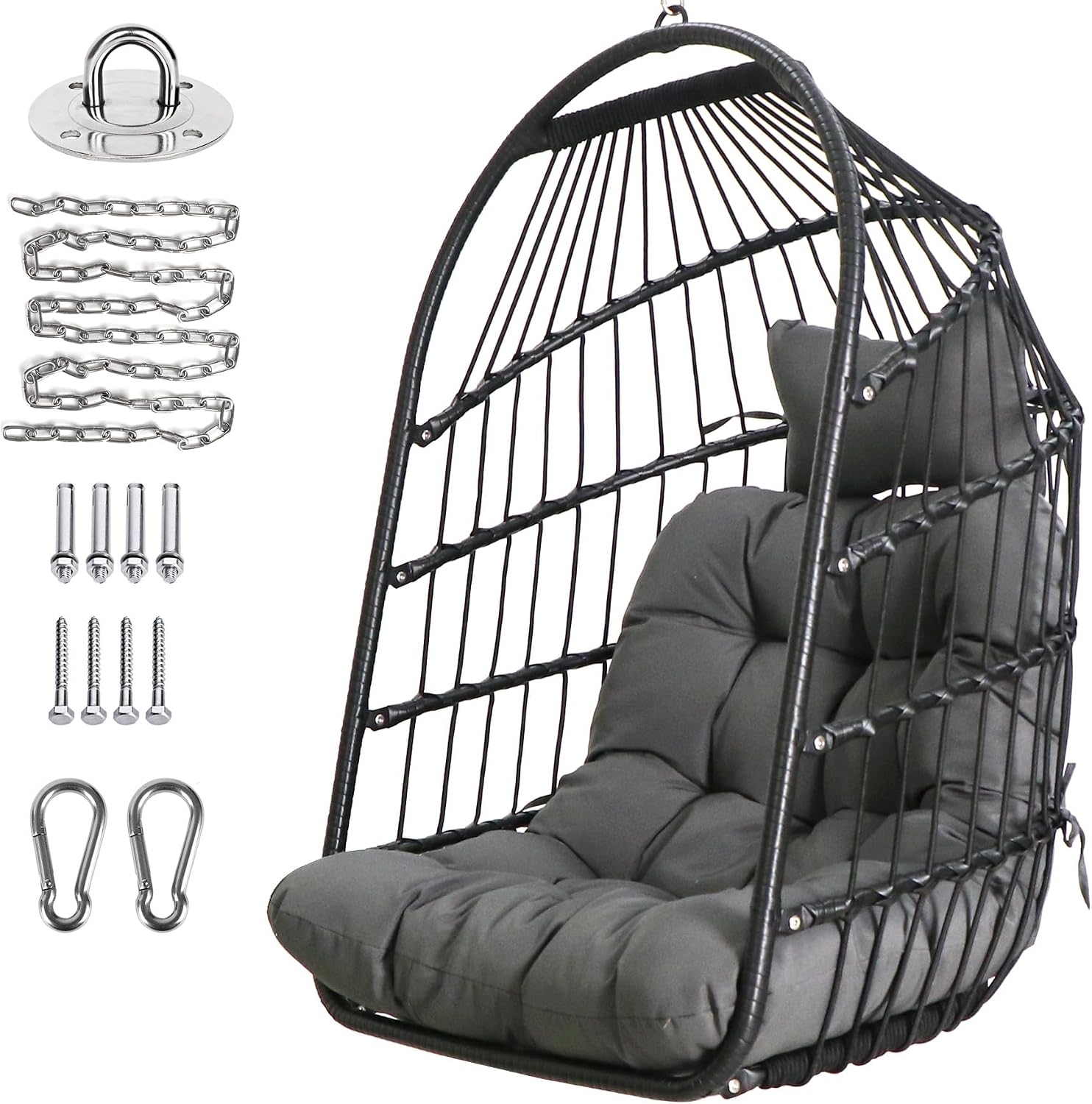 Chihee Egg Chair Foldable Wicker Rattan Hanging Swing Chairs Indoor Outdoor Patio Wicker Chair Hammock Chair with Stainless Steel Hanging Kit Chain Link UV Resistant Cushion Bedroom Balcony