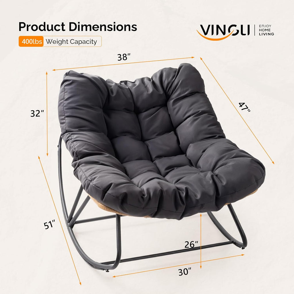 VINGLI Papasan Rocking Chair Outdoor, Patio Rocking Chair with Cushion, Comfortable Lounge Chair Weatherproof for Garden, Yard, Outdoor/Indoor, Grey