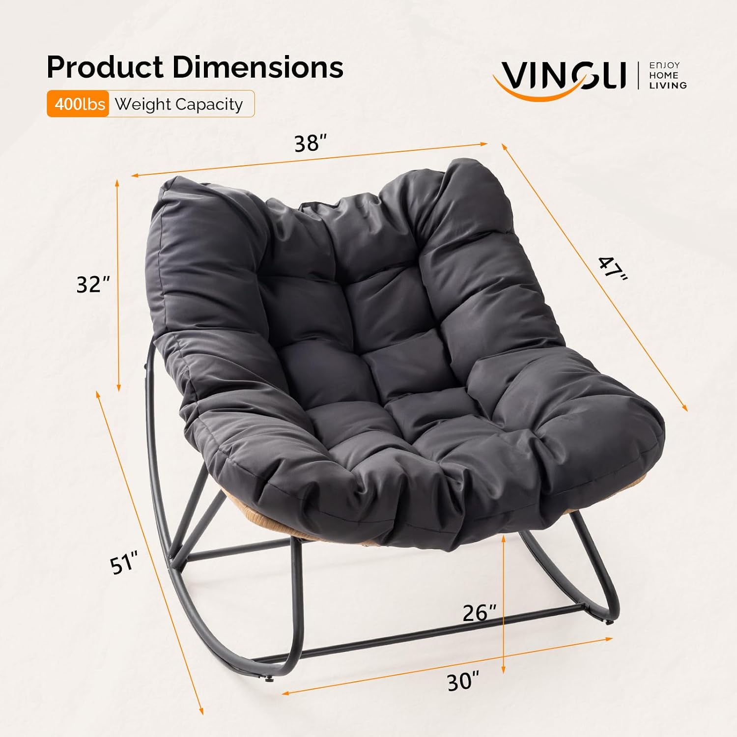 VINGLI Papasan Rocking Chair Outdoor, Patio Rocking Chair with Cushion, Comfortable Lounge Chair Weatherproof for Garden, Yard, Outdoor/Indoor, Grey