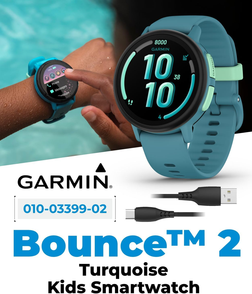 Garmin Bounce 2 Kids Smartwatch with LTE – Two-Way Calling, Text Messaging, Real-Time GPS Tracking, Swim-Friendly AMOLED Display, Music, Turquoise w/Wearable4U White Earbuds Bundle