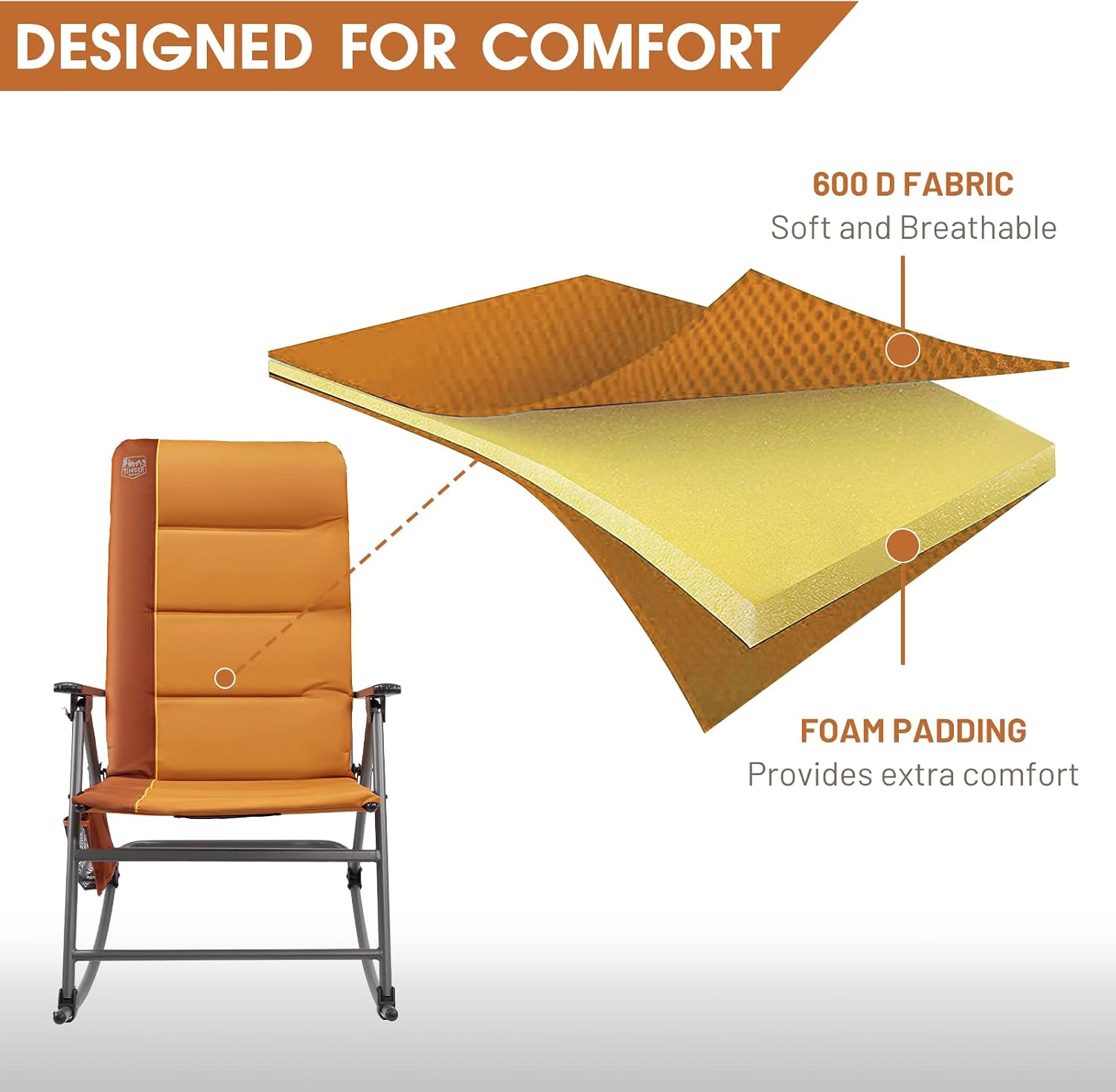 Timber Ridge Oversized Folding Rocking Camping Chair, Padded Outdoor Rocker with High Back, Portable Outdoor Chair for Patio, Garden, Lawn, Supports up to 400 lbs, Orange