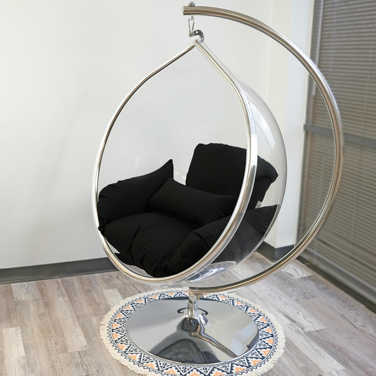 Hanging Chair - Transparent Acrylic Bubble, Waterdrop Shape, Indoor Swing Chair with Gold/Chrome Stand, Durable Fabric Cushion - Luxury Accent for Living Room, Bedroom (Chrome/NavyBlue)