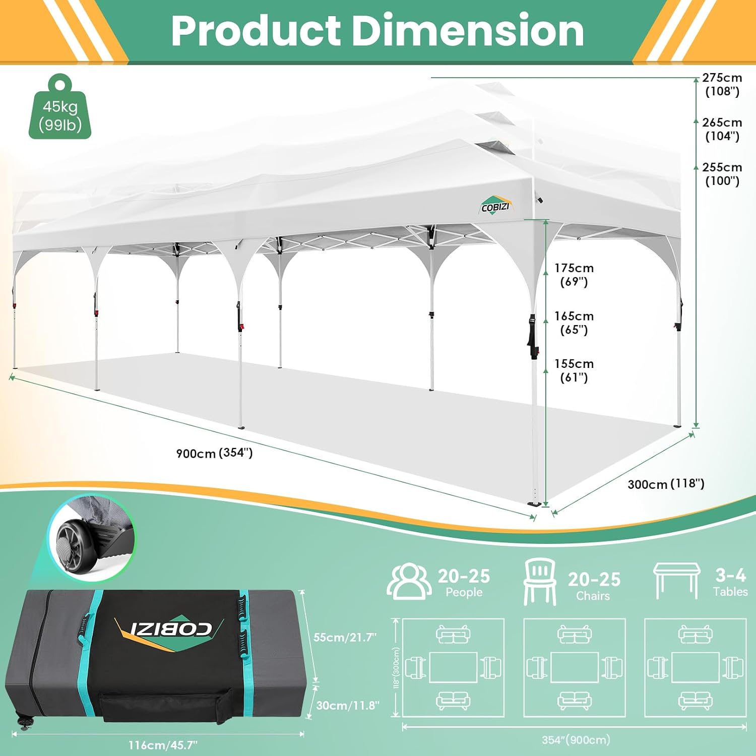 COBIZI 10x30 Pop Up Canopy Tent, Outdoor Party Tent with 5 Sidewalls, 1 Person Easy Set up, Tents for Parties with Fluorescent Strip & 4 Sandbags, Waterproof UPF50+, 3 Adjustable Height, White