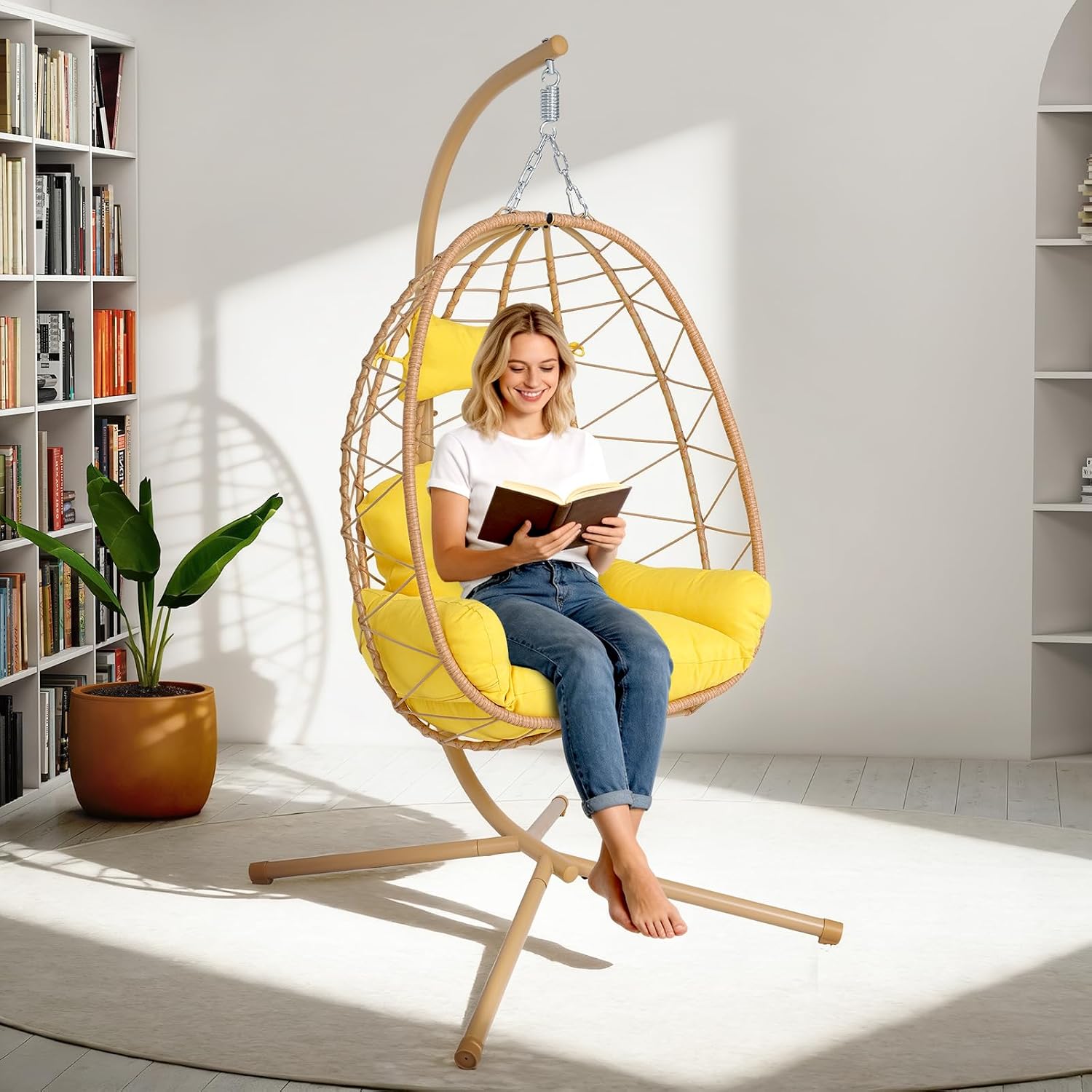 Egg Chair with Stand, Wicker Hanging Chair for Outdoor Patio, Cushioned Hammock Swing for Bedroom Garden Indoor/Outdoor, Double-Zipper Structure Hanging Egg Chair (Yellow and Yellow)