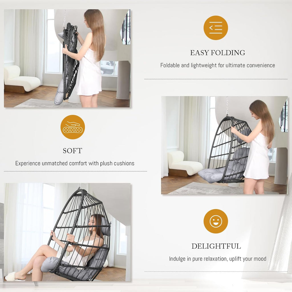 BULEXYARD Hanging Egg Chair Without Stand, 350 Lbs Foldable Wicker Rattan Swing Chair with Comfy Cushion, Outdoor Relaxing Hammock for Bedroom Patio Backyard Balcony Ceiling Tree Mount, Light Grey
