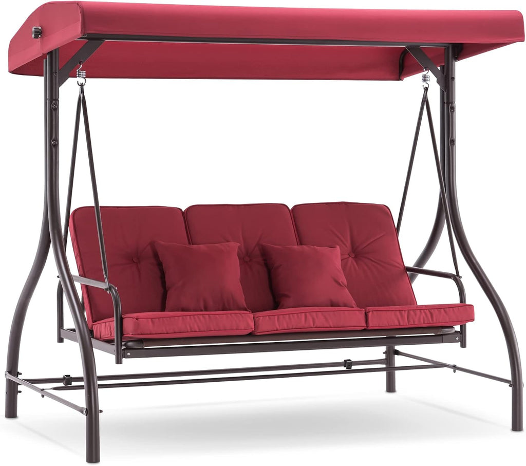 MCombo 3-Seat Outdoor Patio Swing Chair, 2-in-1 Convertible Porch Swing Glider Chair with Removable Cushions, Adjustable Canopy & Pillows for Backyard, Deck, Garden, 4068 (Burgundy)