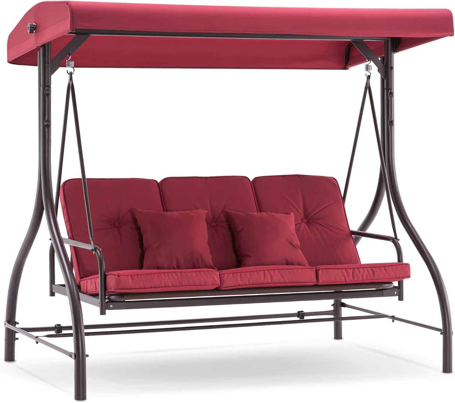 MCombo 3-Seat Outdoor Patio Swing Chair, 2-in-1 Convertible Porch Swing Glider Chair with Removable Cushions, Adjustable Canopy & Pillows for Backyard, Deck, Garden, 4068 (Burgundy)