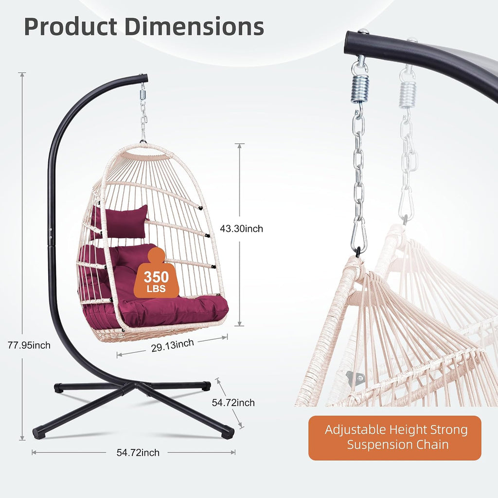 Foldable Hanging Egg Chair with Stand, HDPE Rattan and Heavy Duty Aluminum-Steel Frame, Outdoor Patio Wicker Swing Egg Chair with Headrest and Cushion, 350 Lbs Capacity, Rose Red