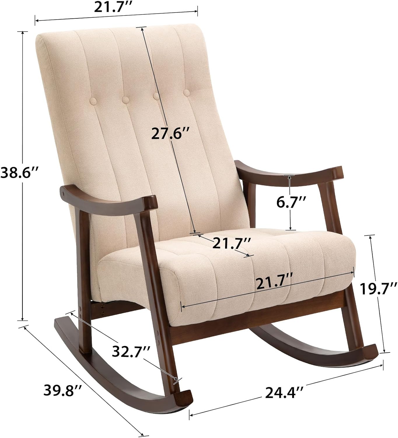 AVAWING Upholstered Rocking Chair with Fabric Padded Seat, Comfortable Rocker Solid Wood for Living Room, Modern High Back Armchair for Adult, Beige
