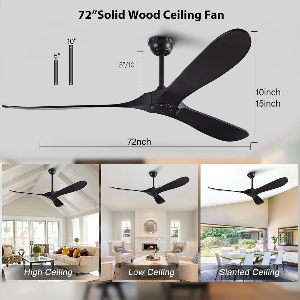 72' Ceiling Fans without Lights, Solid Wood Ceiling Fan No Light with Remote Control Smart and Unique Modern Fan with 3 Blades, DC Motor Indoor Outdoor for Farmhouse and Gazebo, Matte Black