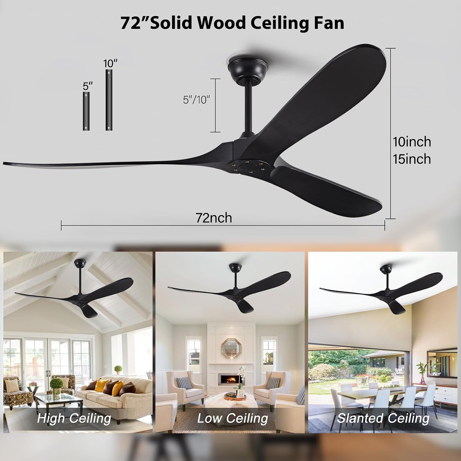 72' Ceiling Fans without Lights, Solid Wood Ceiling Fan No Light with Remote Control Smart and Unique Modern Fan with 3 Blades, DC Motor Indoor Outdoor for Farmhouse and Gazebo, Matte Black
