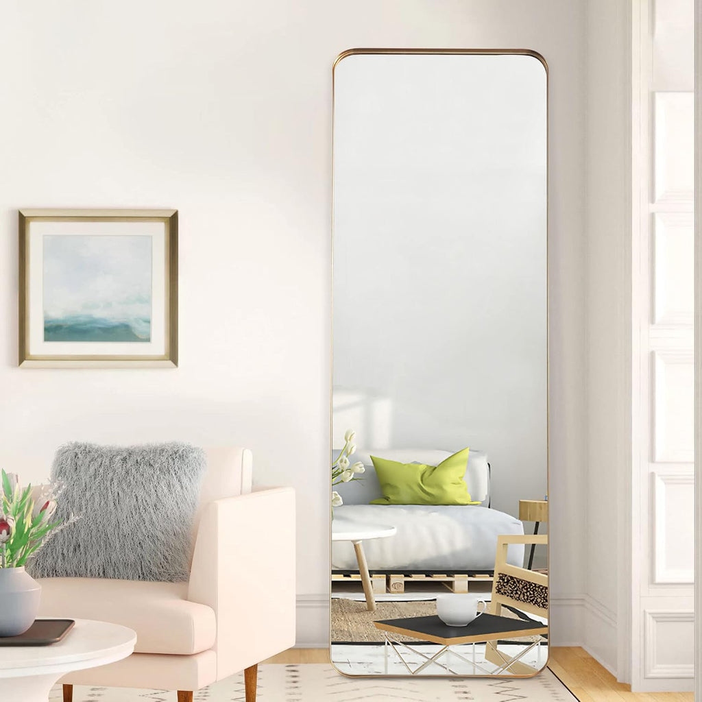 NeuType Full Length Mirror, 63'x20' Floor Mirror Full Body Dressing Mirror Round Corner, Hanging or Leaning Against Wall Large Rectangle Wall Mounted Deep Set Aluminum Alloy Frame for Bedroom, Gold
