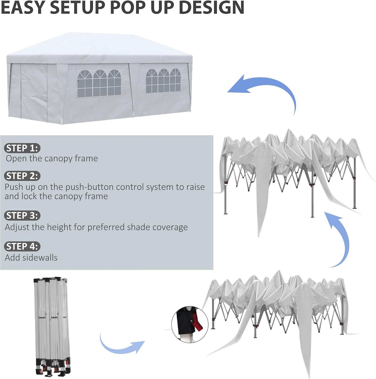 Outsunny 10' x 19.5' Pop Up Canopy with Sidewalls, UPF 30+ Height Adjustable Large Party Tent Event Shelter with Sandbags and Wheeled Carry Bag for Garden, Patio, White