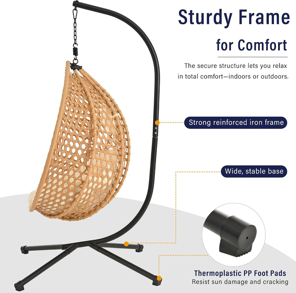 Egg Hanging Chair with Stand, Indoor Outdoor Hammock Egg Chair with Cushion for Patio Bedroom Balconyg Egg Chair (Beige,Brown+Yellow)