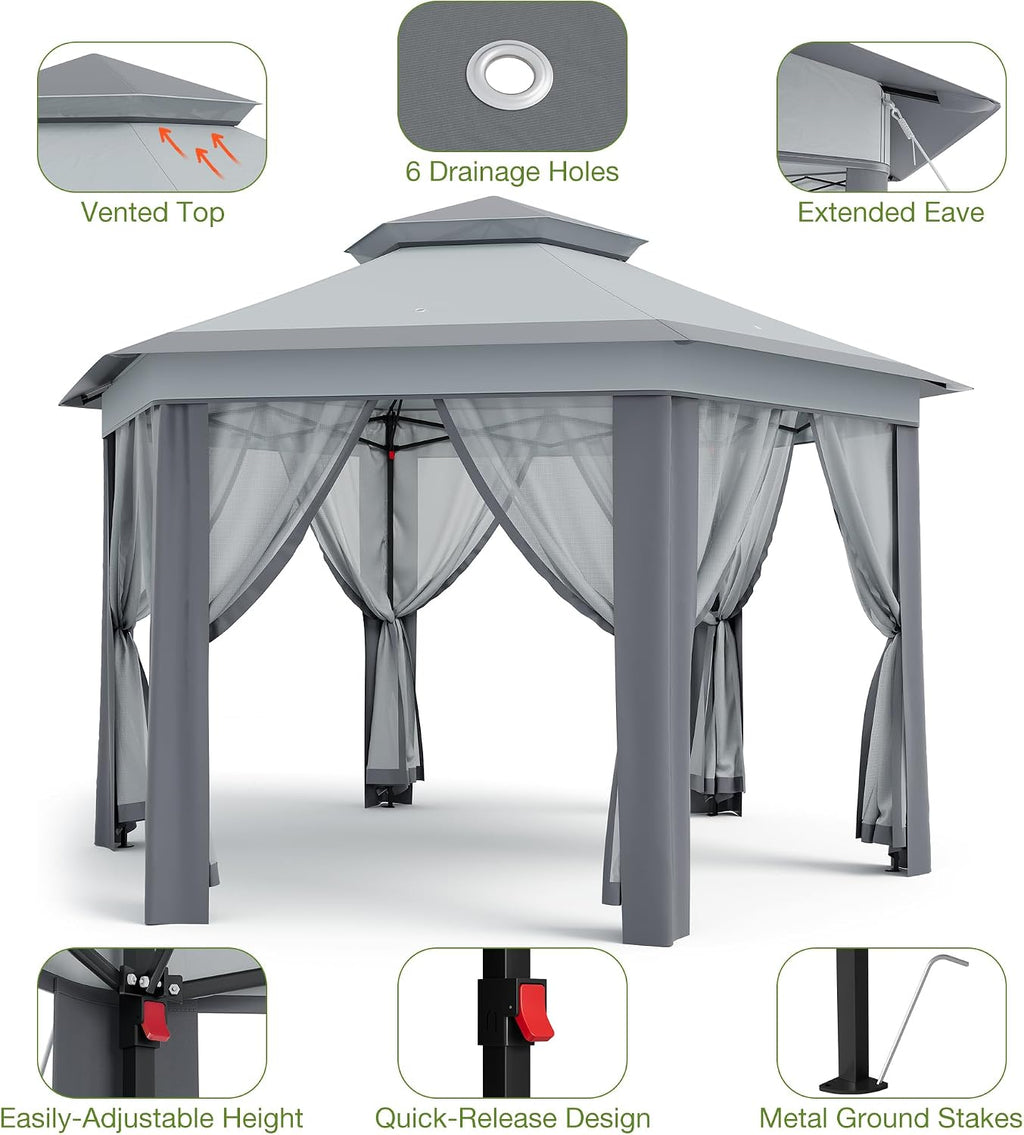 13x13 Pop Up Gazebo Outdoor Hexagonal Canopy Tent with Mosquito Netting Sides Instant Patio Canopy Shelter, Rain & UV Resistant PA Coated Fabric, for Patios, Garden, Parties, Lawns Backya