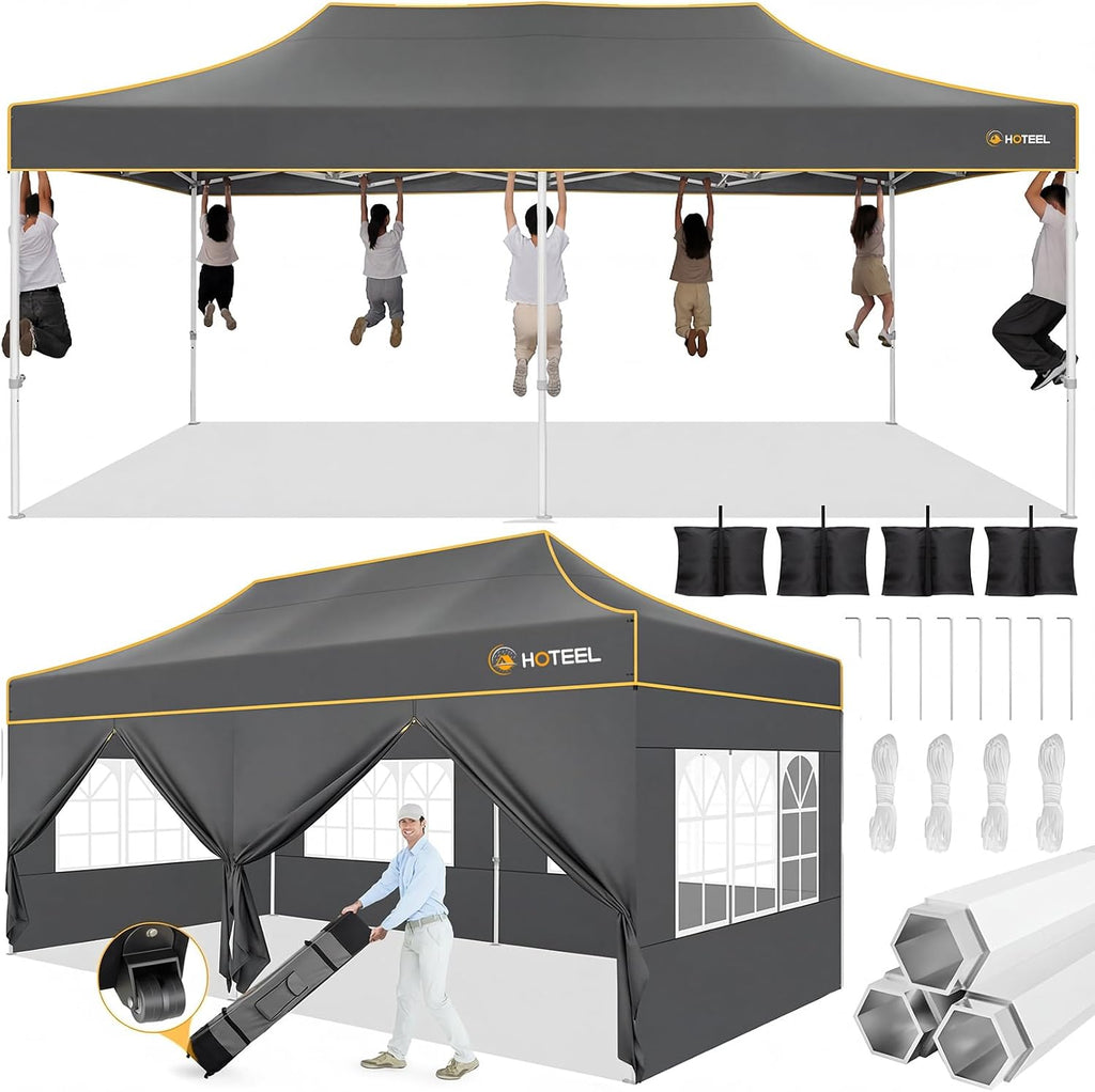 Hoteel 10x20 Pop Up Canopy Tent Heavy Duty with 6 Sidewalls, Waterproof Party Tent, Easy Set-up Commercial Instant Tents with Roller Bag & Sandbags, Hexagonal Leg (1-Year Warranty)