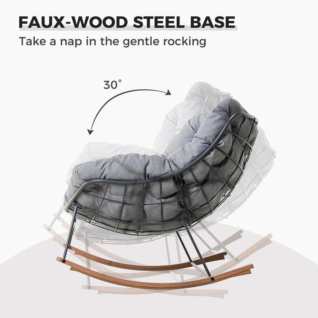 Grand patio Rocking Chair Outdoor, Oversized Papasan Rocking Chair for 2 with E-Coated Steel Frame and Thick Cushion, Comfy Loveseat Rocker for Patio Porch Deck, Grey