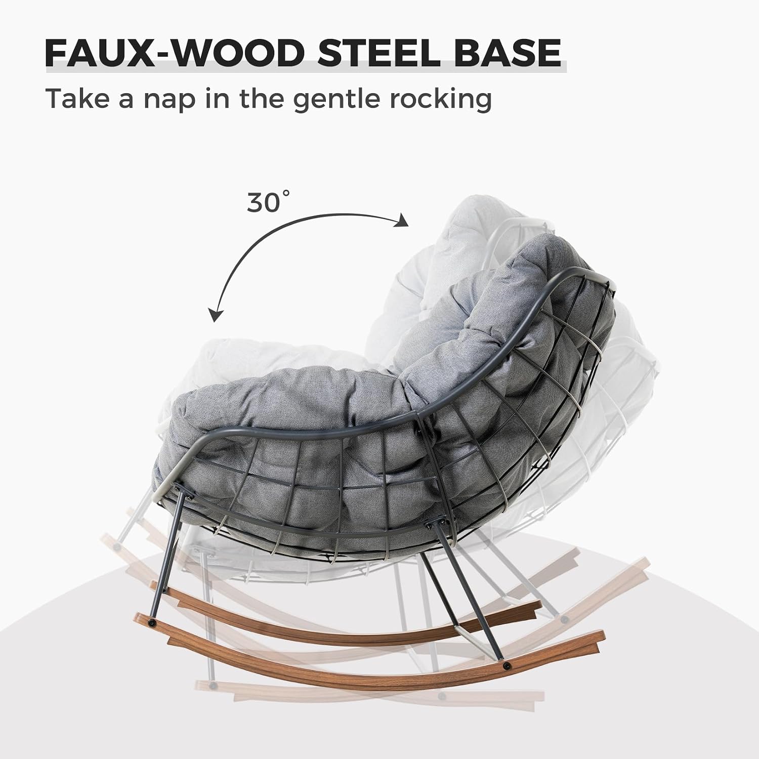 Grand patio Rocking Chair Outdoor, Oversized Papasan Rocking Chair for 2 with E-Coated Steel Frame and Thick Cushion, Comfy Loveseat Rocker for Patio Porch Deck, Grey