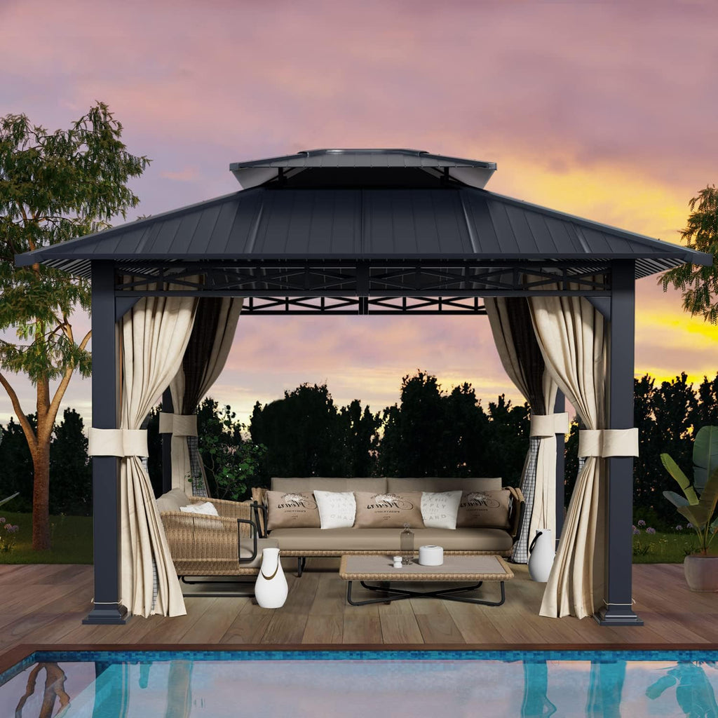 YOLENY 10' x 12' Gazebo with Galvanized Steel Roof, Double Roof with Anti-Rust Coating, Outdoor Gazebos with Curtains and Netting, Sunshade for Gardens, Lawns, Deck