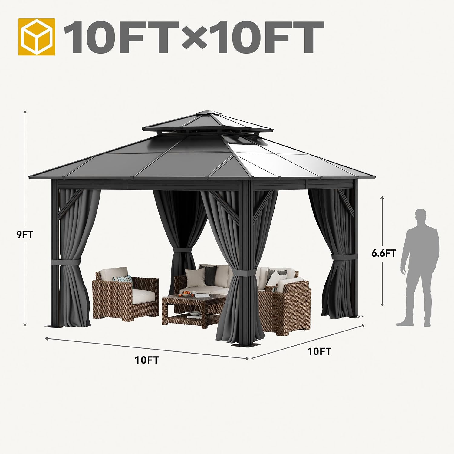 DWVO 10x10ft Gazebo Hardtop Double Roof Polycarbonate Canopy Outdoor with Netting and Shaded Curtains, Metal Frame Garden Tent for Patio, Backyard, Deck and Lawns, Gray