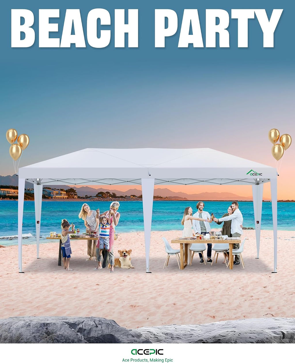 Acepic 10x20 Pop Up Canopy Tent with 6 Removable Sidewalls, 2 Central Lock Easy Set-up Outdoor Party Tent, Commercial Grade Waterproof Party Gazebo with Church Windows, White