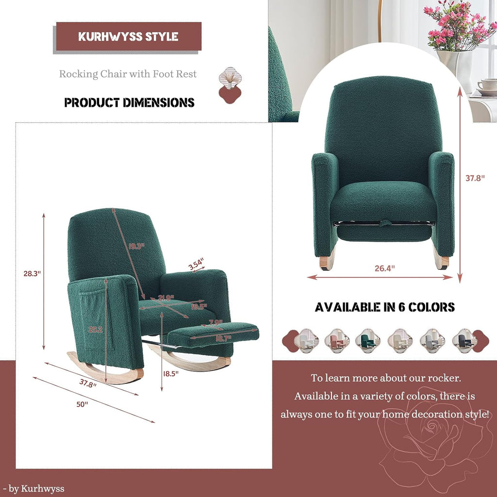 Modern Rocking Chair Nursery, Comfy Glider Nursery Chair with Foot Rest, Upholstered Rocker with Pocket, Accent Reading Armchair with Solid Wood Base for Living Room, Bedroom, Lounge Room (Green)