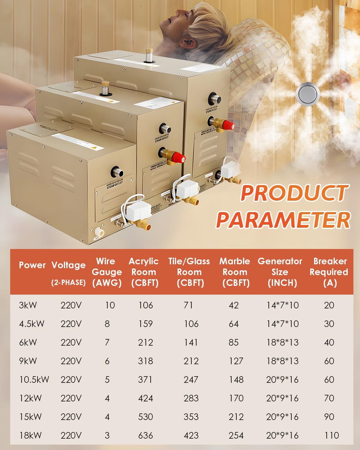 Steam Shower Generator Kit 6KW for Bath Sauna SPA, Aromatherapy Steam Head, Self-draining System, LED Controller, 212CBFT/6m³Space