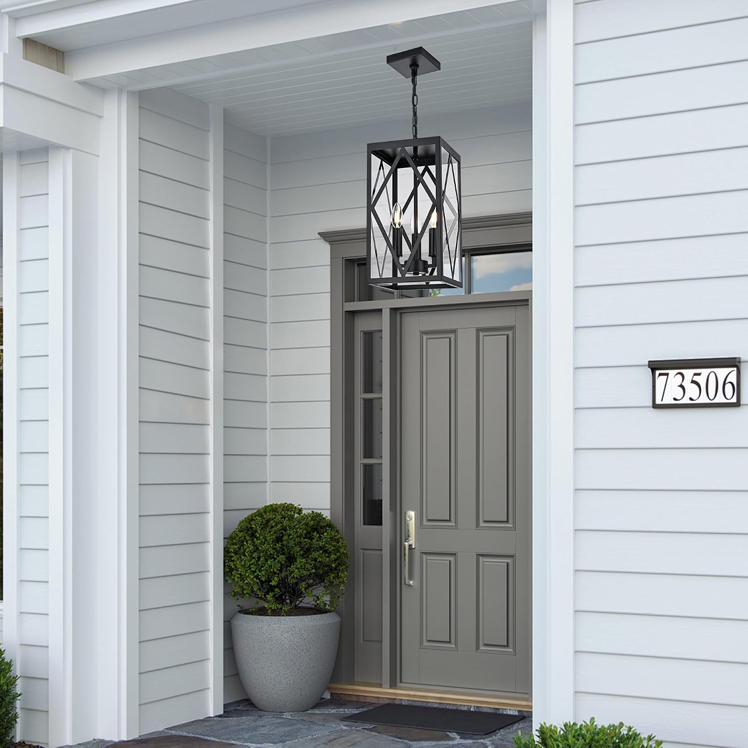 3 Light Black Outdoor Pendant Light Outside Chandelier Lantern, Modern Waterproof Exterior Hanging Light Fixture Ceiling for Front Porch Entryway Yard Patio (Bulb NOT Included)