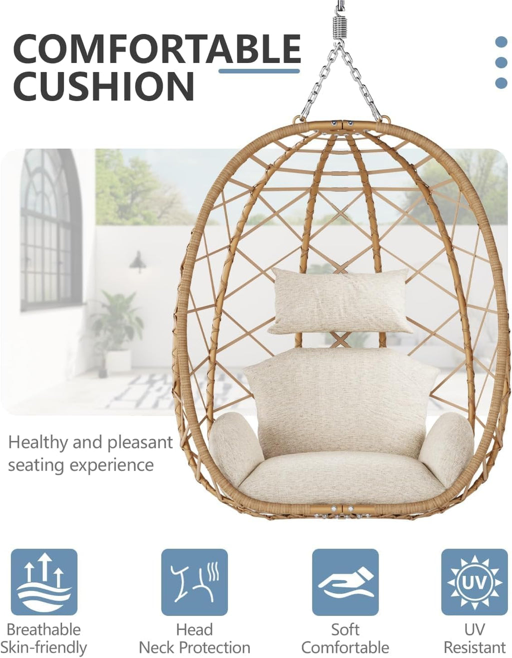 SWITTE Hanging Egg Chair with Stand & Footrest, Outdoor Indoor Rattan Wicker Swing Chair, Comfy Patio Egg Hammock Chairs with Cushion for Garden Backyard Balcony Bedroom, Natural
