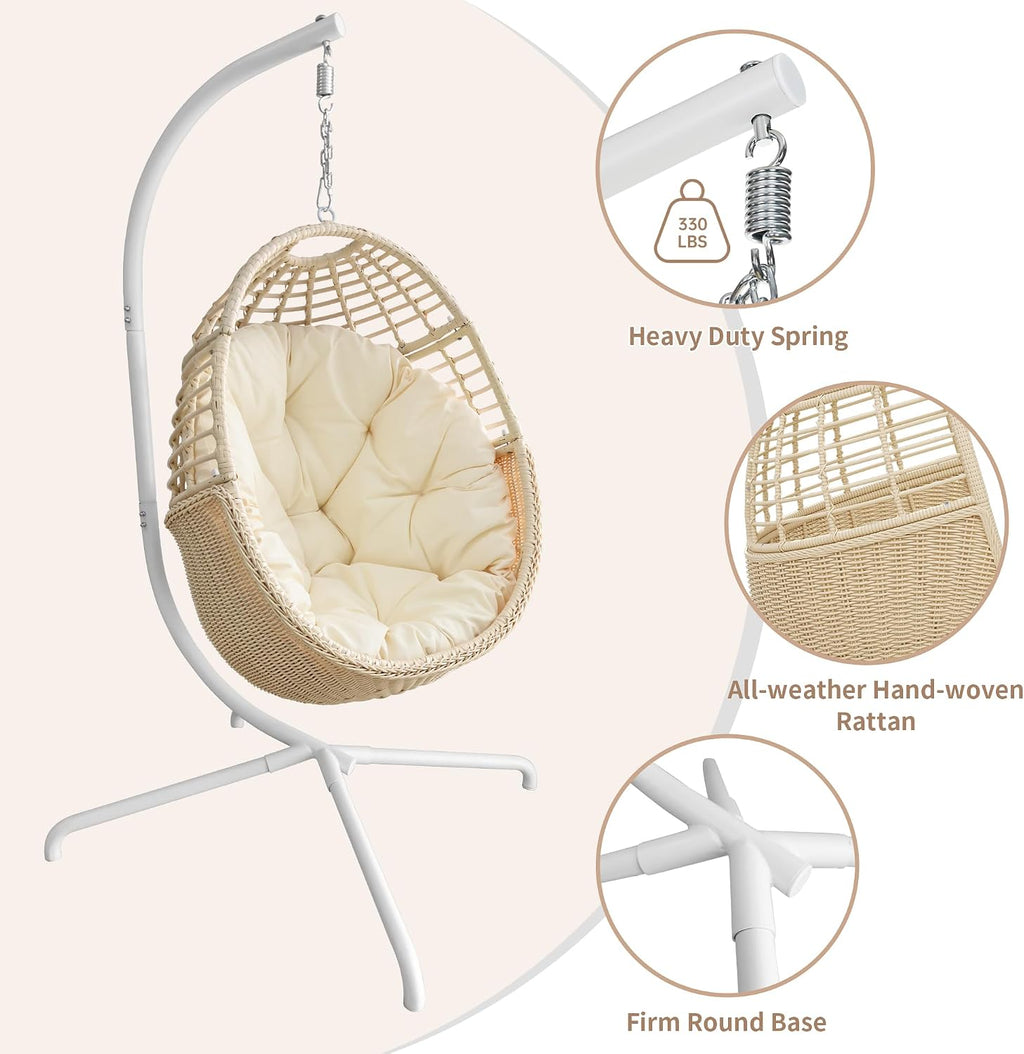 TWT Egg Swing Chair with Stand Beige Outdoor - Rattan Wicker Patio Hanging Basket Hammock Chair with Metal Frame and UV Resistant Cushion for Indoor Bedroom Balcony (Claws Base)