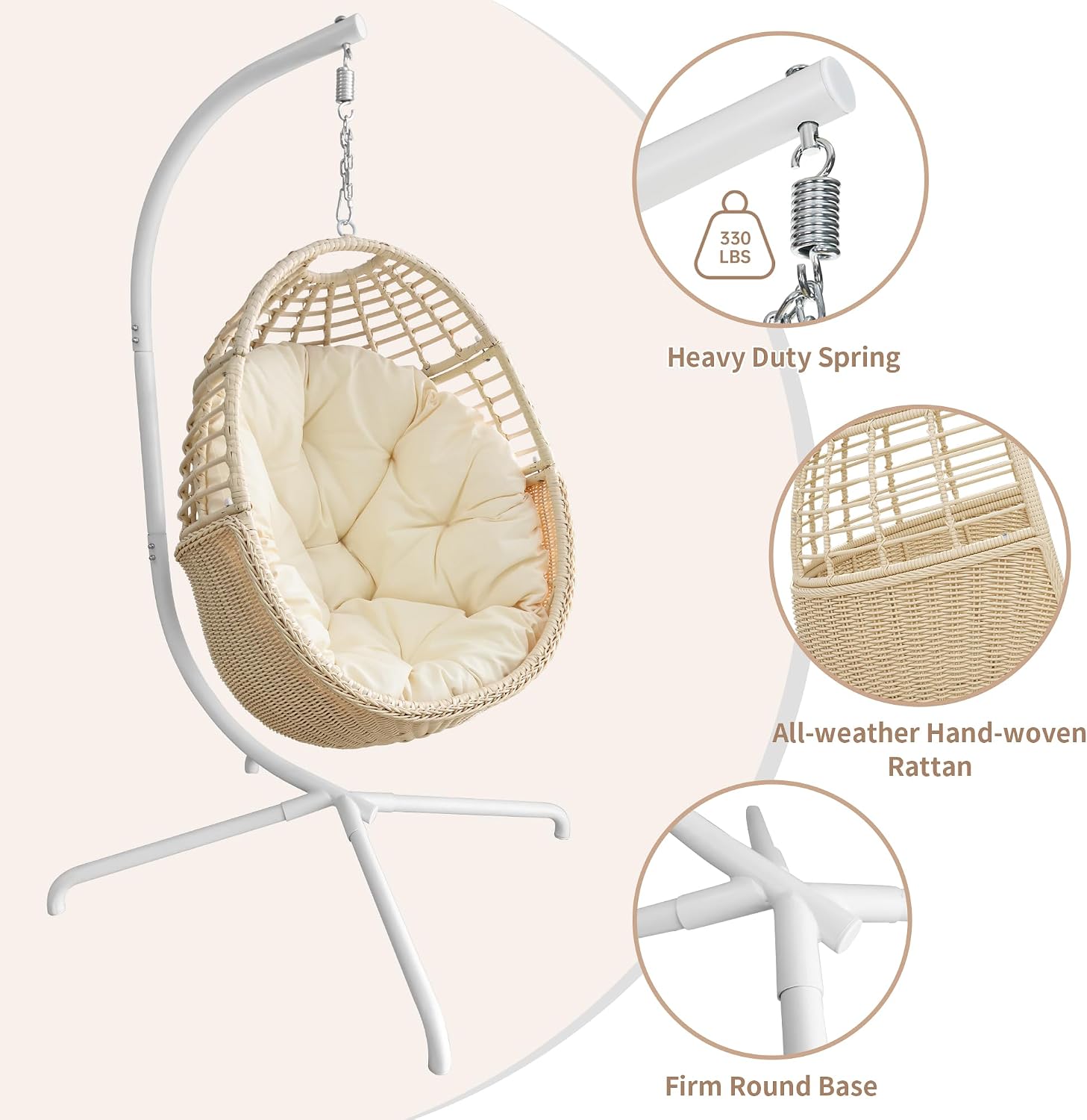 TWT Egg Swing Chair with Stand Beige Outdoor - Rattan Wicker Patio Hanging Basket Hammock Chair with Metal Frame and UV Resistant Cushion for Indoor Bedroom Balcony (Claws Base)