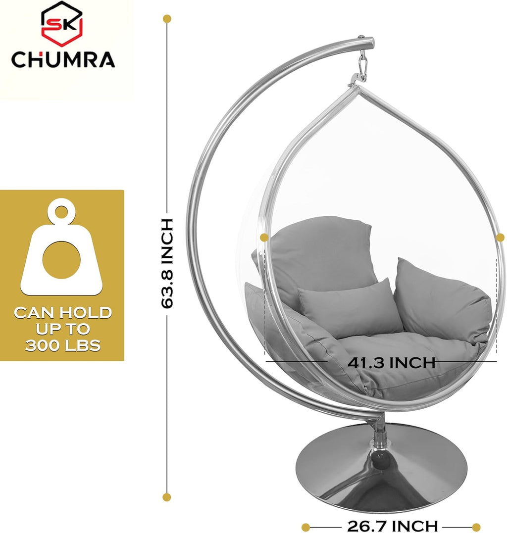 Hanging Chair - Transparent Acrylic Bubble, Waterdrop Shape, Indoor Swing Chair with Gold/Chrome Stand, Durable Fabric Cushion - Luxury Accent for Living Room, Bedroom (Gold/Pink)