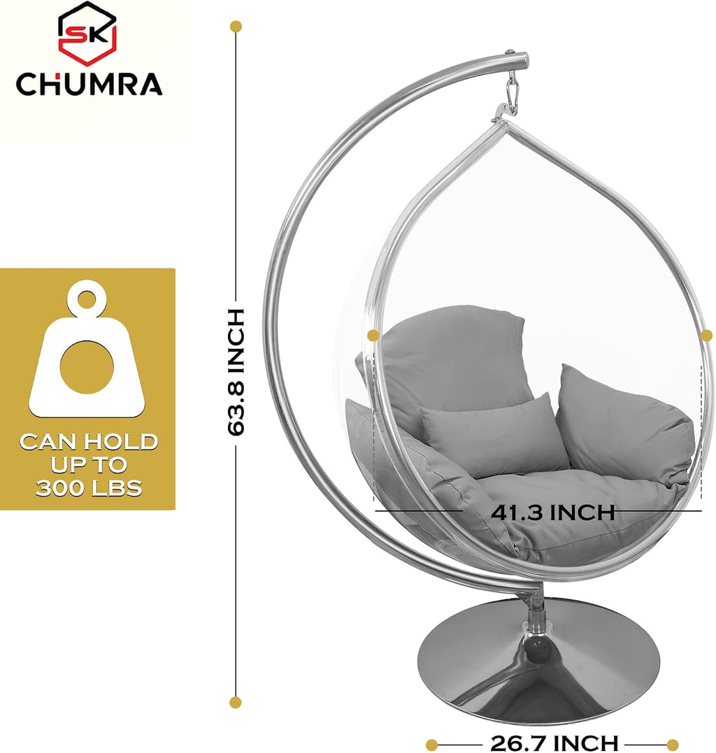 Hanging Chair - Transparent Acrylic Bubble, Waterdrop Shape, Indoor Swing Chair with Gold/Chrome Stand, Durable Fabric Cushion - Luxury Accent for Living Room, Bedroom (Chrome/Gray)