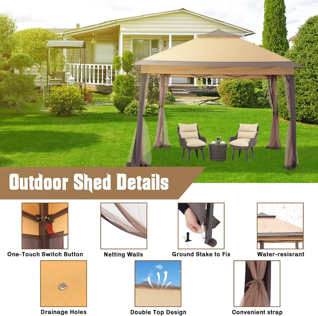 11x11 FT Gazebo Tent, Outdoor Tents for Parties with Mosquito Netting, Folding Heavy Duty Height Adjustable Canopy Tent for Patio Backyard Garden (Brown)