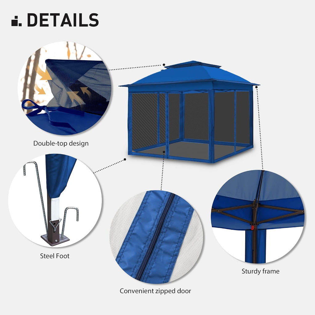 11'x11' Pop Up Gazebo for Patios Canopy Tent with Sidewalls Outdoor Gazebo with Mosquito Netting Pop Up Canopy Shelter Wedding Tent (Dark Blue)
